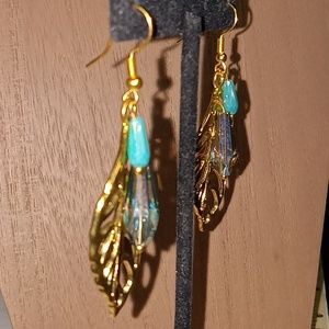 Handcrafted Earrings Metal Leaves Clear Beads New